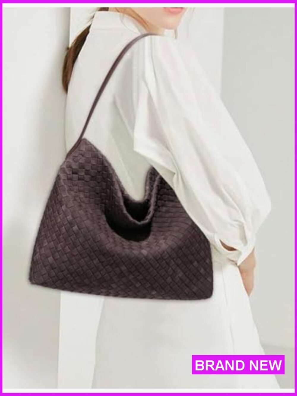 Woven Suede Shoulder Bag Tote Purse Handmade Vegan Leather Hobo Handbag - Picture 2 of 6
